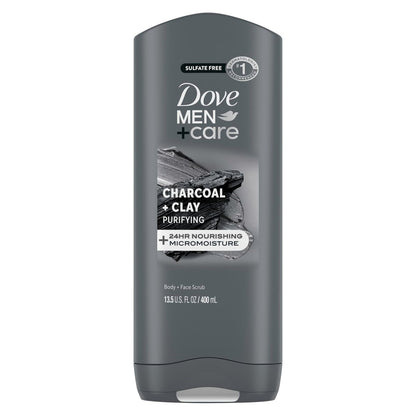 DOVE MEN + CARE Reinigendes Holzkohle + Tonerde Körper- und Gesichtswaschgel mit 24-Stunden Feuchtigkeitsversorgung für Männer, 13,5 oz