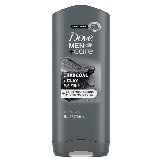 DOVE MEN + CARE Reinigendes Holzkohle + Tonerde Körper- und Gesichtswaschgel mit 24-Stunden Feuchtigkeitsversorgung für Männer, 13,5 oz