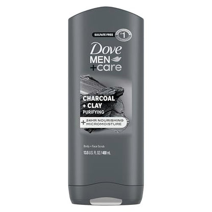 DOVE MEN + CARE Reinigendes Holzkohle + Tonerde Körper- und Gesichtswaschgel mit 24-Stunden Feuchtigkeitsversorgung für Männer, 13,5 oz