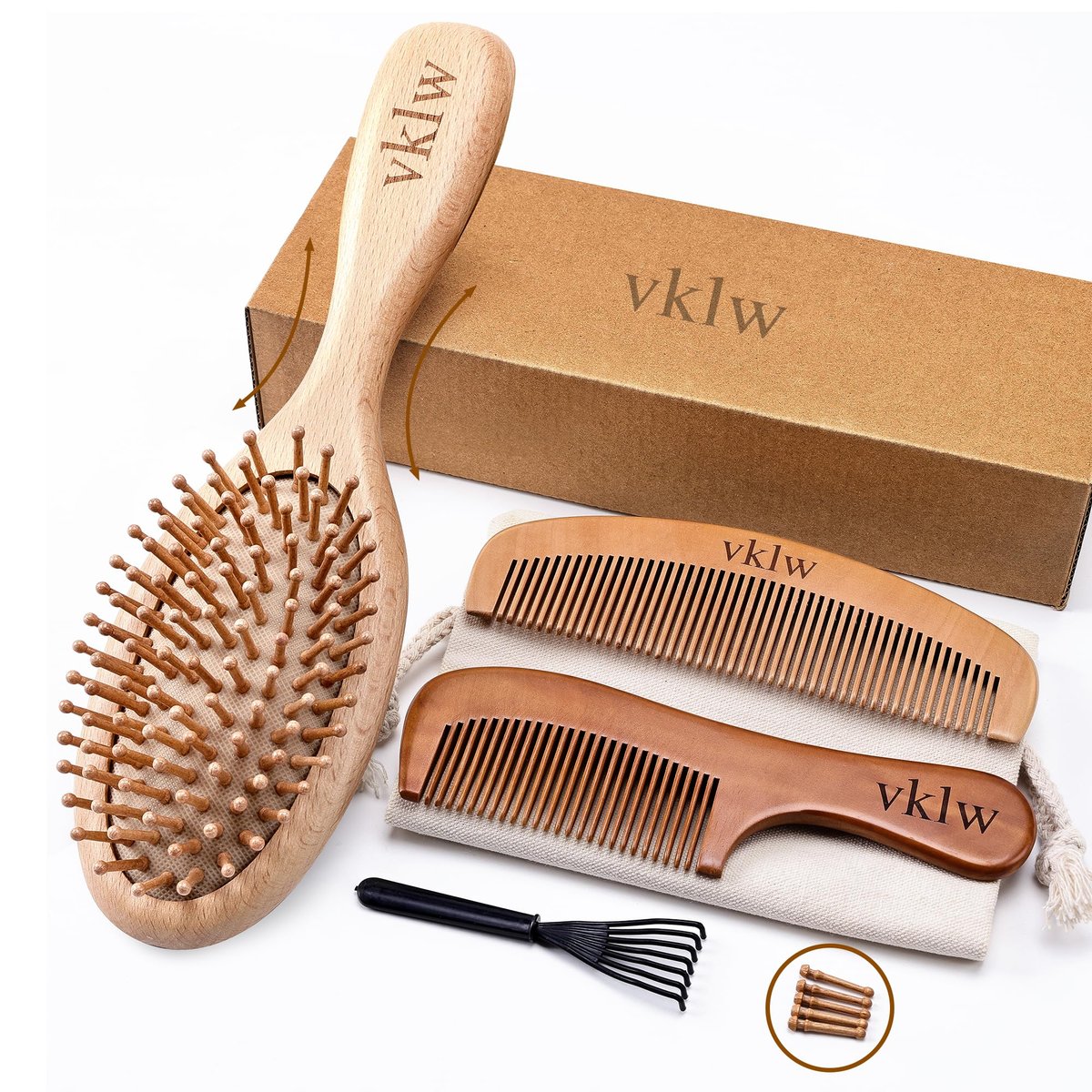 vklw Holzbürste und Kamm Set – 3-teiliges Set aus Massivholz, Antistatisch, Haarpflege für Frauen, Mädchen und Kinder