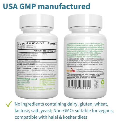 Igennus Longvida Curcumin 500mg – Hochabsorbierendes ‚freies‘ Curcumin, 65-fach höhere Plasmaspiegel, verzögerte Freisetzung (7h Halbwertszeit), Unterstützung für Gehirn & Kognition, vegan, 30 Kapseln