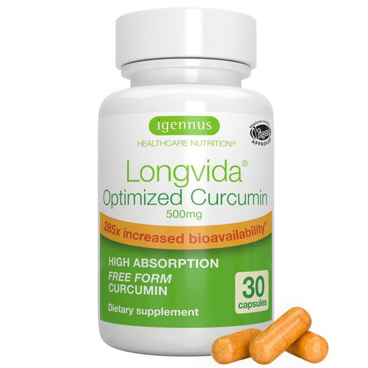 Igennus Longvida Curcumin 500mg – Hochabsorbierendes ‚freies‘ Curcumin, 65-fach höhere Plasmaspiegel, verzögerte Freisetzung (7h Halbwertszeit), Unterstützung für Gehirn & Kognition, vegan, 30 Kapseln