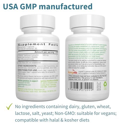 Igennus Longvida Curcumin 500mg – Hochabsorbierendes ‚freies‘ Curcumin, 65-fach höhere Plasmaspiegel, verzögerte Freisetzung (7h Halbwertszeit), Unterstützung für Gehirn & Kognition, vegan, 30 Kapseln