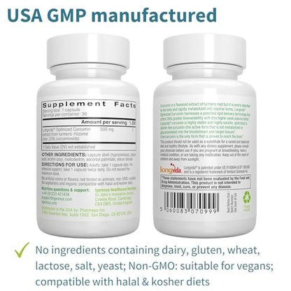 Igennus Longvida Curcumin 500mg – Hochabsorbierendes ‚freies‘ Curcumin, 65-fach höhere Plasmaspiegel, verzögerte Freisetzung (7h Halbwertszeit), Unterstützung für Gehirn & Kognition, vegan, 30 Kapseln