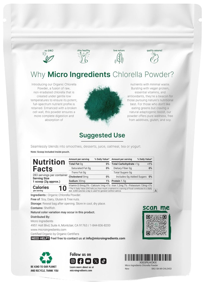 Micro Ingredients Bio Chlorella Pulver, 567 g | Aufgebrochene Zellwände für vollständige Absorption | Rohes Superfood, reich an Protein & Vitaminen | Non-GMO, Vegan, Nicht bestrahlt