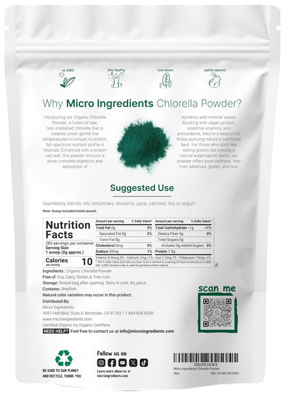 Micro Ingredients Bio Chlorella Pulver, 567 g | Aufgebrochene Zellwände für vollständige Absorption | Rohes Superfood, reich an Protein & Vitaminen | Non-GMO, Vegan, Nicht bestrahlt