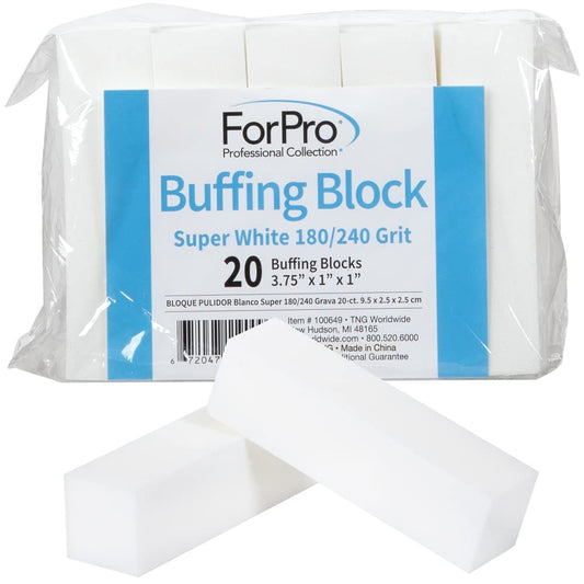 ForPro Professional Collection Polierblock, Superweiß, 180/240 Körnung, vierseitiger Nagelbuffer für Maniküre und Pediküre, 3,75" L x 1" B x 1" H, 20 Stück