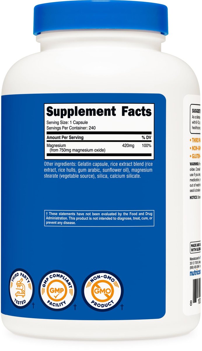 Nutricost Magnesiumoxid 750mg, 240 Kapseln - 420mg elementares Magnesium, Non-GMO, Glutenfrei