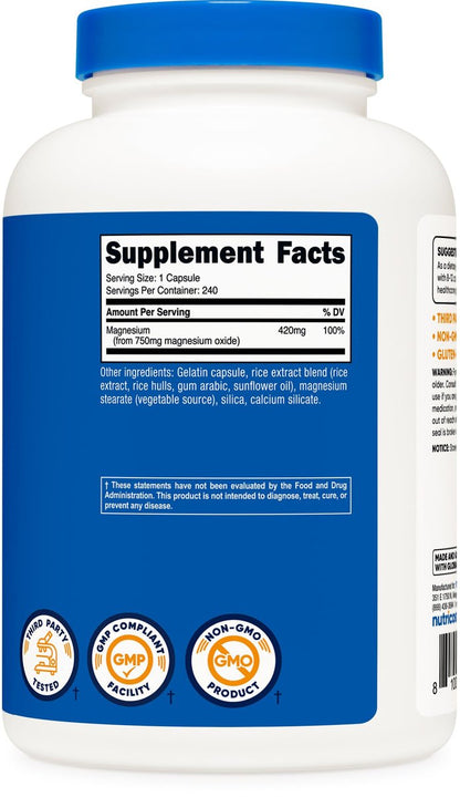 Nutricost Magnesiumoxid 750mg, 240 Kapseln - 420mg elementares Magnesium, Non-GMO, Glutenfrei