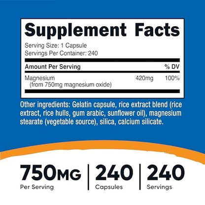Nutricost Magnesiumoxid 750mg, 240 Kapseln - 420mg elementares Magnesium, Non-GMO, Glutenfrei