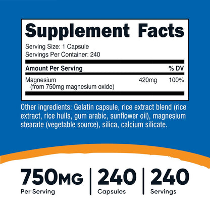 Nutricost Magnesiumoxid 750mg, 240 Kapseln - 420mg elementares Magnesium, Non-GMO, Glutenfrei