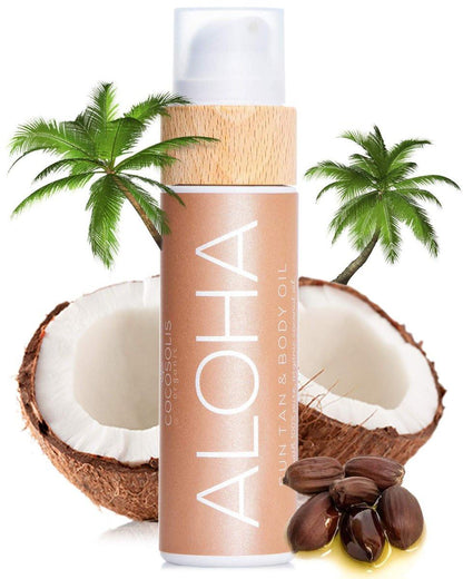 COCOSOLIS ALOHA Sonnen- und Körperöl | Bio Bräunungsöl für gesunde, tiefe Schokoladenbräune | Bräunungsbeschleuniger mit 5 wertvollen Ölen für strahlende & revitalisierte Haut (110 ml)