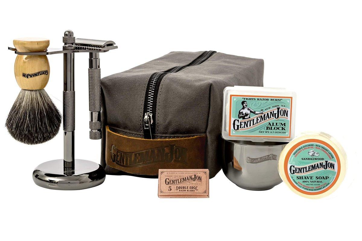 Gentleman Jon Deluxe Vintage Rasier-Set für Herren – 8-teiliges Herrenpflegeset mit Sicherheitsrasierer, Pinsel, Alaunblock, Seife, Schale, Ständer und Kulturbeutel