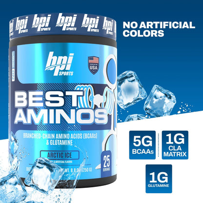 BPI Sports Best Aminos – BCAA Pulver nach dem Training & Glutamin Erholungsgetränk mit verzweigtkettigen Aminosäuren für Hydratation & Erholung, für Männer & Frauen – Arctic Ice – 25 Portionen