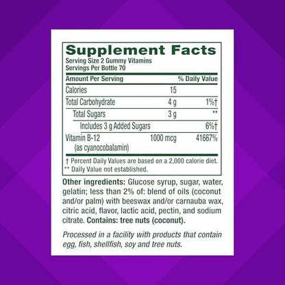 Vitafusion Vitamin B12 Gummis | 1000 mcg | 140 Erwachsene Gummivitamine | Für Frauen & Männer | Himbeergeschmack | Gluten- und laktosefrei