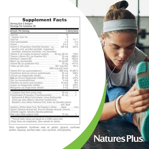 NaturesPlus Hema-Plex Eisen - 60 schnell wirkende Softgels - 85 mg Eisen + Vitamin C & Bioflavonoide für gesunde rote Blutkörperchen - Glutenfrei - 20 Portionen