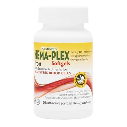 NaturesPlus Hema-Plex Eisen - 60 schnell wirkende Softgels - 85 mg Eisen + Vitamin C & Bioflavonoide für gesunde rote Blutkörperchen - Glutenfrei - 20 Portionen