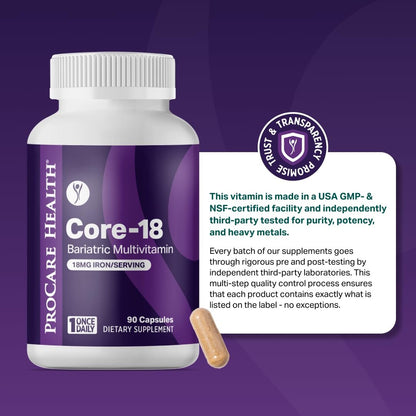 ProCare Health Bariatrisches Multivitamin mit Eisen 18 mg (30 leicht zu schluckende Kapseln) - Post-OP Bariatrische Vitamine für Magenbypass - Must-Haves für Schlauchmagen-Patienten (1 Monatsvorrat)