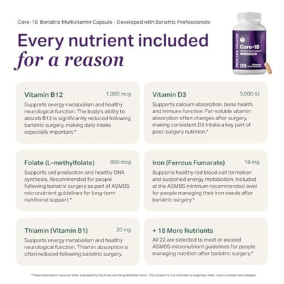 ProCare Health Bariatrisches Multivitamin mit Eisen 18 mg (30 leicht zu schluckende Kapseln) - Post-OP Bariatrische Vitamine für Magenbypass - Must-Haves für Schlauchmagen-Patienten (1 Monatsvorrat)
