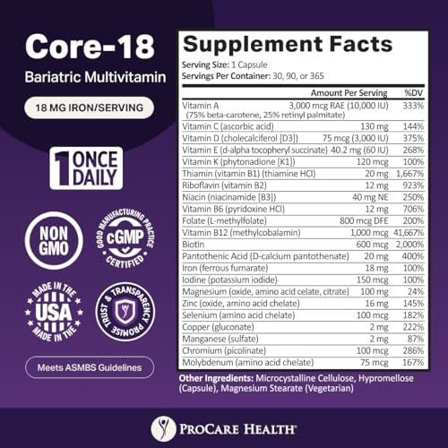 ProCare Health Bariatrisches Multivitamin mit Eisen 18 mg (30 leicht zu schluckende Kapseln) - Post-OP Bariatrische Vitamine für Magenbypass - Must-Haves für Schlauchmagen-Patienten (1 Monatsvorrat)