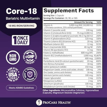 ProCare Health Bariatrisches Multivitamin mit Eisen 18 mg (30 leicht zu schluckende Kapseln) - Post-OP Bariatrische Vitamine für Magenbypass - Must-Haves für Schlauchmagen-Patienten (1 Monatsvorrat)