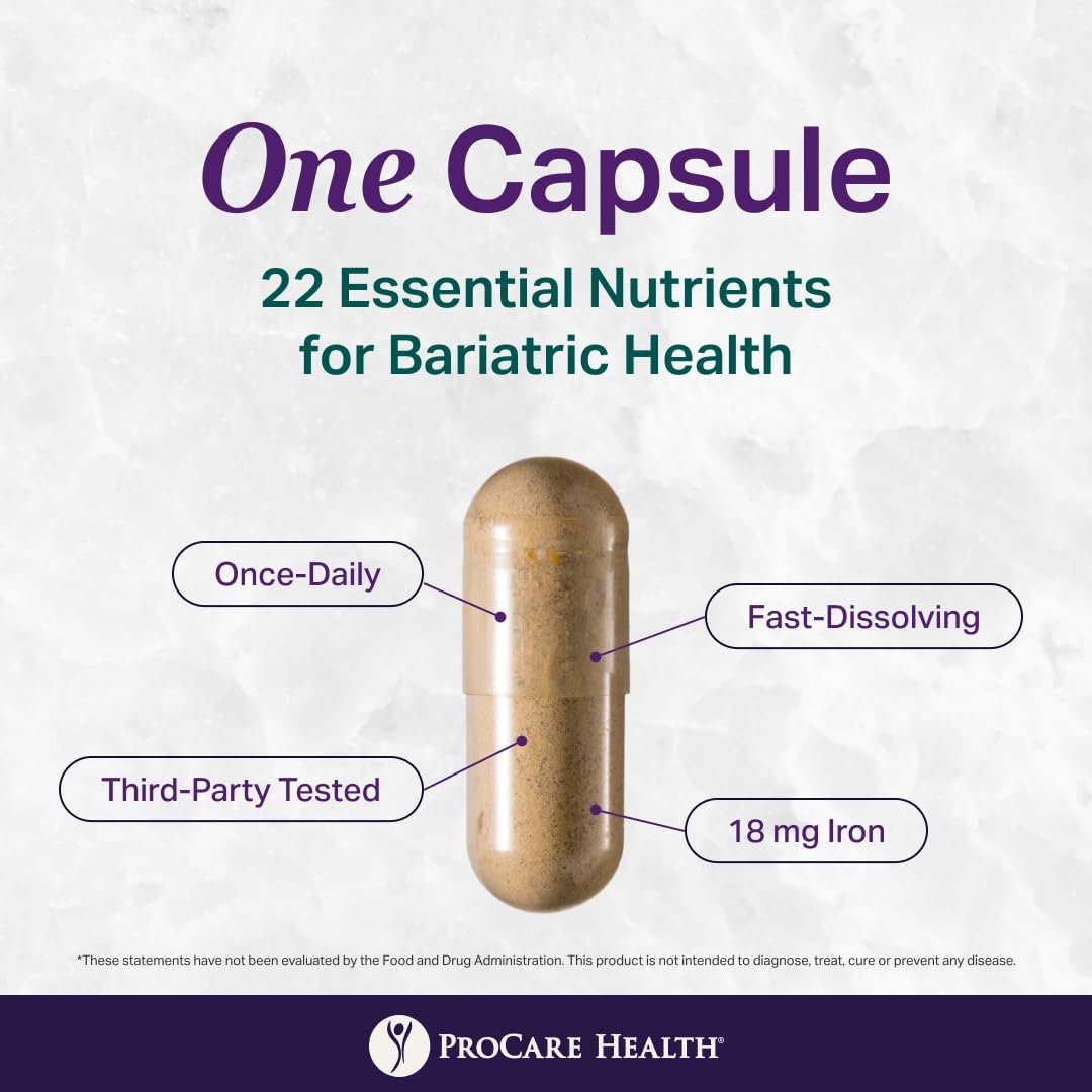 ProCare Health Bariatrisches Multivitamin mit Eisen 18 mg (30 leicht zu schluckende Kapseln) - Post-OP Bariatrische Vitamine für Magenbypass - Must-Haves für Schlauchmagen-Patienten (1 Monatsvorrat)