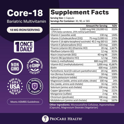 ProCare Health Bariatrisches Multivitamin mit Eisen 18 mg (30 leicht zu schluckende Kapseln) - Post-OP Bariatrische Vitamine für Magenbypass - Must-Haves für Schlauchmagen-Patienten (1 Monatsvorrat)