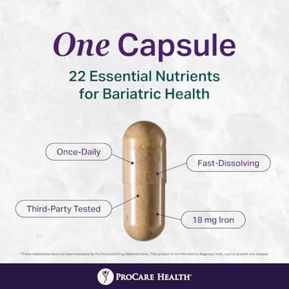ProCare Health Bariatrisches Multivitamin mit Eisen 18 mg (30 leicht zu schluckende Kapseln) - Post-OP Bariatrische Vitamine für Magenbypass - Must-Haves für Schlauchmagen-Patienten (1 Monatsvorrat)