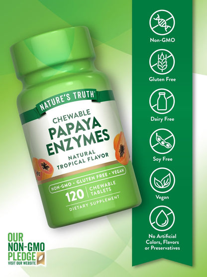 Nature's Truth Papaya-Enzym-Kautabletten | 120 Stück | Vegane, nicht gentechnisch veränderte & glutenfreie Verdauungshilfe | Natürlicher tropischer Geschmack