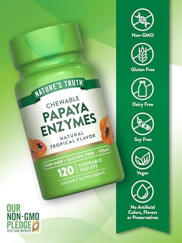 Nature's Truth Papaya-Enzym-Kautabletten | 120 Stück | Vegane, nicht gentechnisch veränderte & glutenfreie Verdauungshilfe | Natürlicher tropischer Geschmack