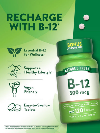 Nature's Truth B12 Vitamin 500 mcg | 120 Tabletten | Vegan, Nicht-GMO & Glutenfrei