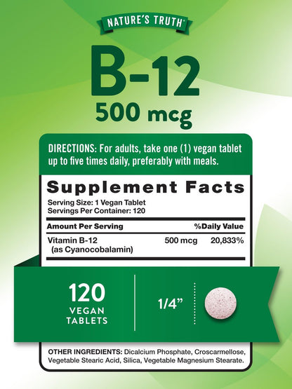 Nature's Truth B12 Vitamin 500 mcg | 120 Tabletten | Vegan, Nicht-GMO & Glutenfrei