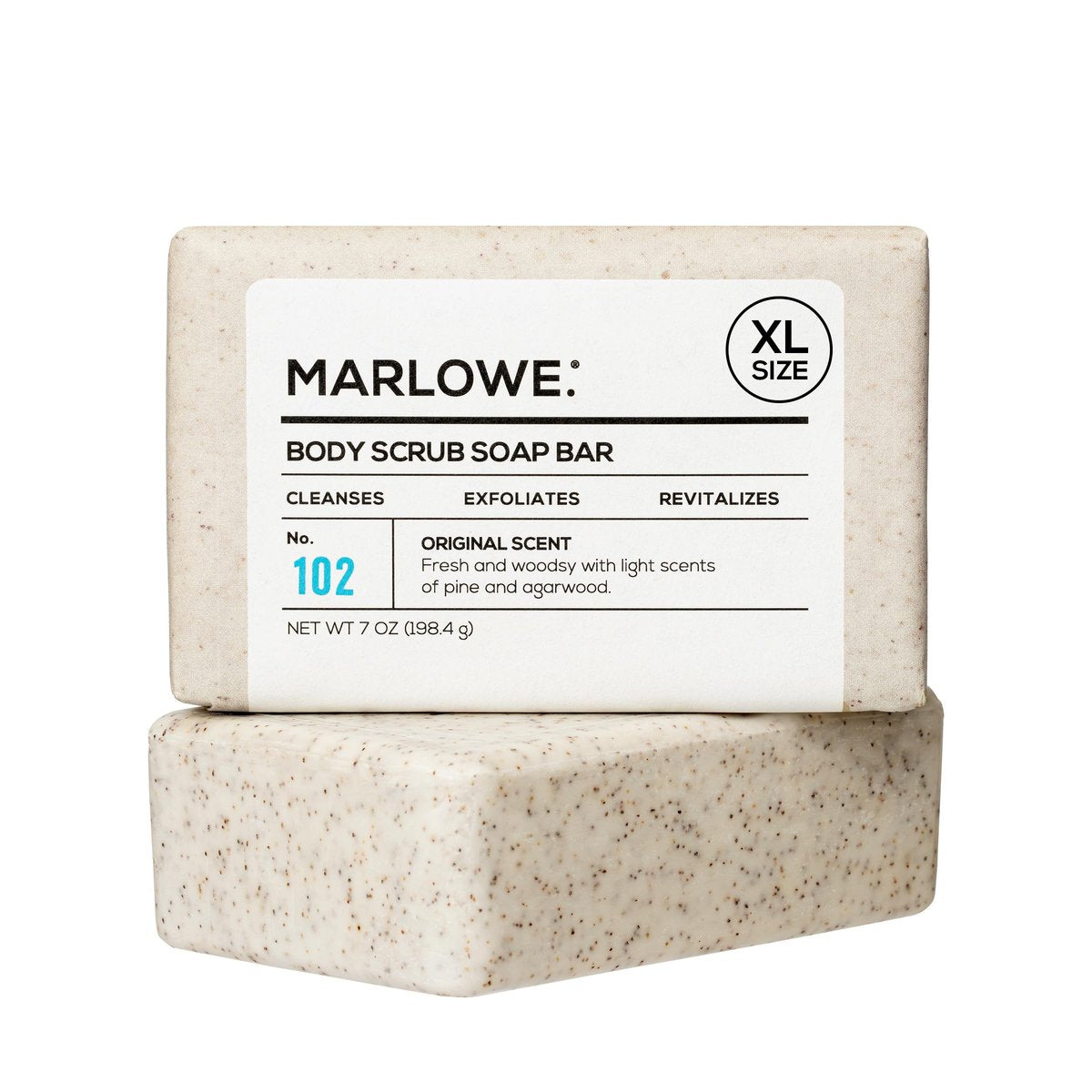 MARLOWE. No. 102 Körper-Peeling-Seife 198 g – Peeling-Seifenbar mit Sheabutter, Olivenöl & Grüntee-Extrakten – Reinigt, glättet & belebt die Haut – Original Salbei & Tannenduft