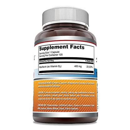 Amazing Formulas Riboflavin 400mg – 120 Kapseln – Nahrungsergänzungsmittel – Non-GMO, Glutenfrei, Hergestellt in USA