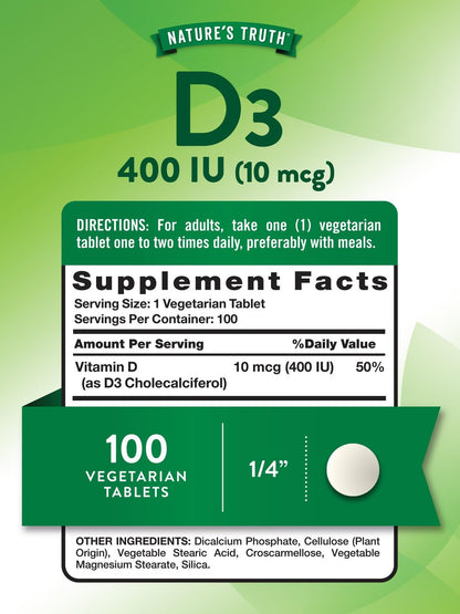 Nature's Truth Vitamin D3 400 IE (10 µg) | 100 Tabletten | Vegetarisch, Nicht-GVO & Glutenfrei