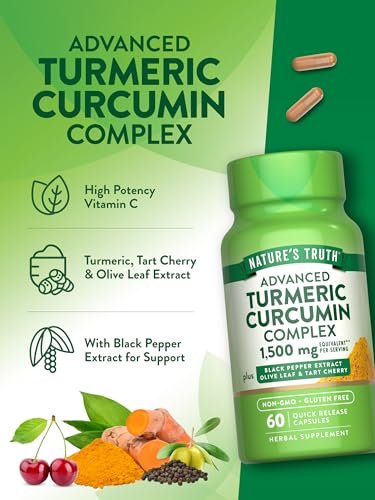 Nature's Truth Curcumin mit schwarzem Pfefferextrakt, Olivenblatt & Sauerkirsche | 60 Kapseln | Nicht-GVO & Glutenfrei