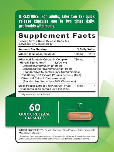 Nature's Truth Curcumin mit schwarzem Pfefferextrakt, Olivenblatt & Sauerkirsche | 60 Kapseln | Nicht-GVO & Glutenfrei