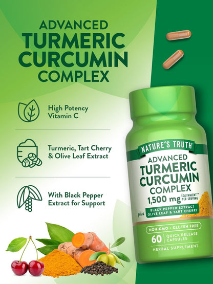 Nature's Truth Curcumin mit schwarzem Pfefferextrakt, Olivenblatt & Sauerkirsche | 60 Kapseln | Nicht-GVO & Glutenfrei