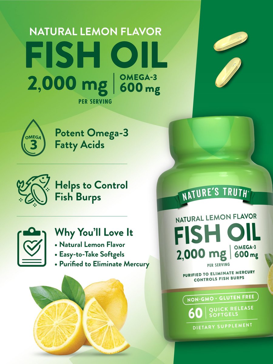 Nature's Truth Fischöl Omega 3 Supplement | 2000mg | 60 Weichkapseln | EPA & DHA | Zitronengeschmack | Nicht-GVO & Glutenfrei