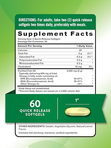 Nature's Truth Fischöl Omega 3 Supplement | 2000mg | 60 Weichkapseln | EPA & DHA | Zitronengeschmack | Nicht-GVO & Glutenfrei