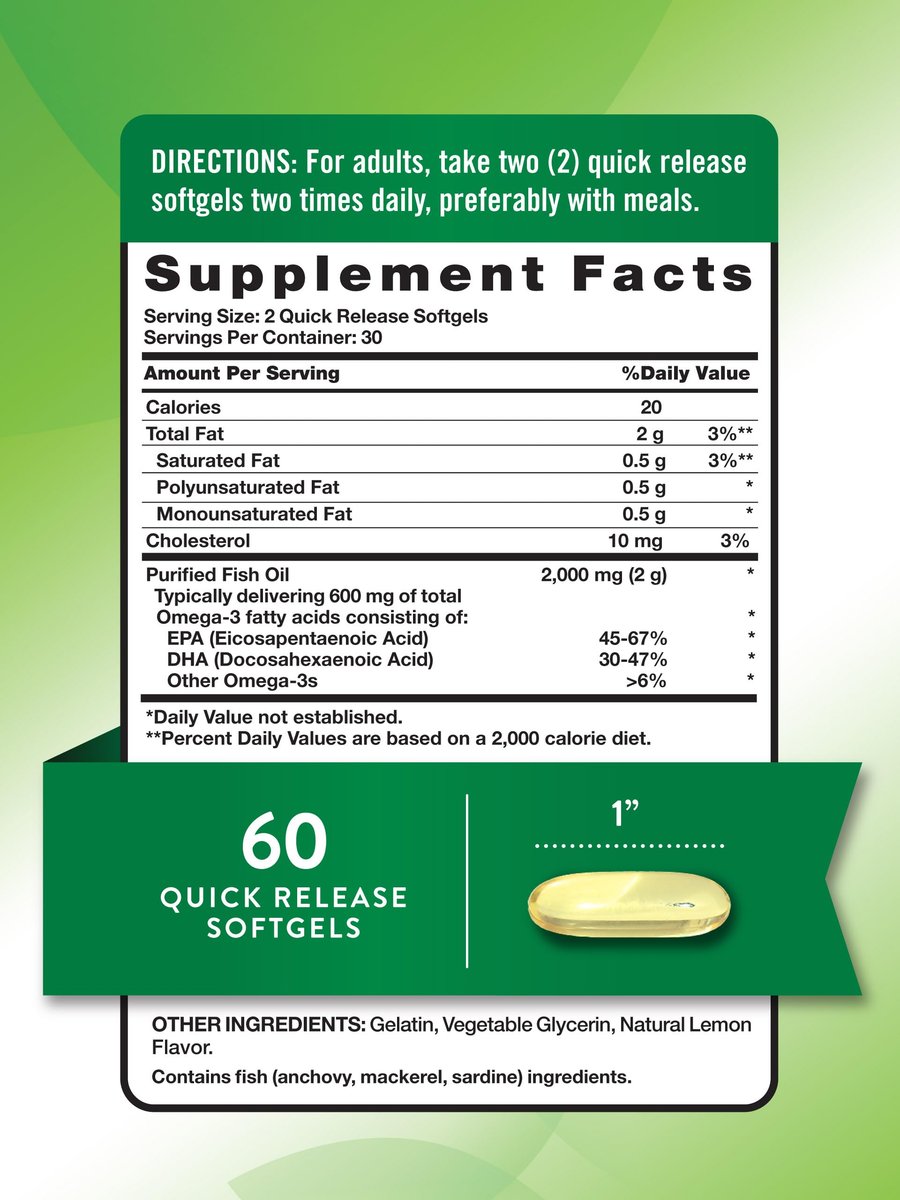 Nature's Truth Fischöl Omega 3 Supplement | 2000mg | 60 Weichkapseln | EPA & DHA | Zitronengeschmack | Nicht-GVO & Glutenfrei