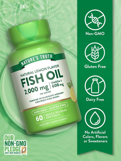 Nature's Truth Fischöl Omega 3 Supplement | 2000mg | 60 Weichkapseln | EPA & DHA | Zitronengeschmack | Nicht-GVO & Glutenfrei