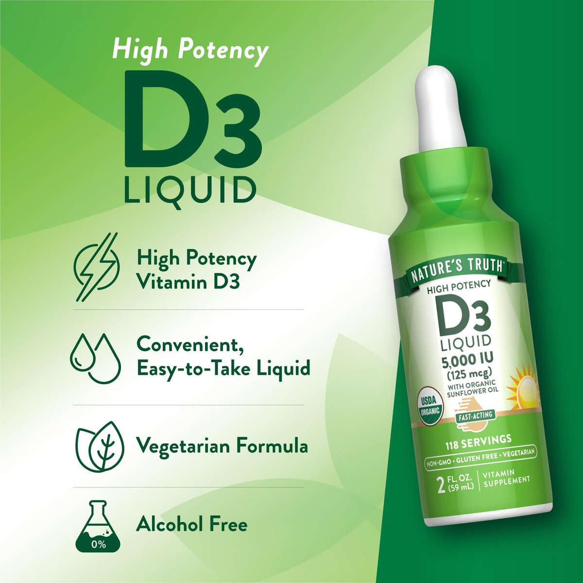 Nature's Truth Vitamin D3 Flüssig – 5000 IE, 60 ml – Nicht-GVO & glutenfrei