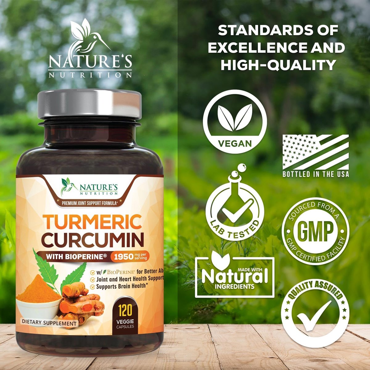 Turmeric Curcumin Komplex – 95% Curcuminoide mit Bio-Turmeric & BioPerine Schwarzer Pfeffer für beste Absorption – Tägliche Gelenk- & Immununterstützung, Vegan, Nicht-GVO, Abgefüllt in den USA – 120 Kapseln