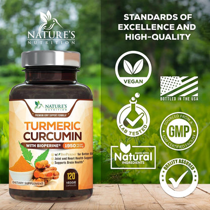 Turmeric Curcumin Komplex – 95% Curcuminoide mit Bio-Turmeric & BioPerine Schwarzer Pfeffer für beste Absorption – Tägliche Gelenk- & Immununterstützung, Vegan, Nicht-GVO, Abgefüllt in den USA – 120 Kapseln