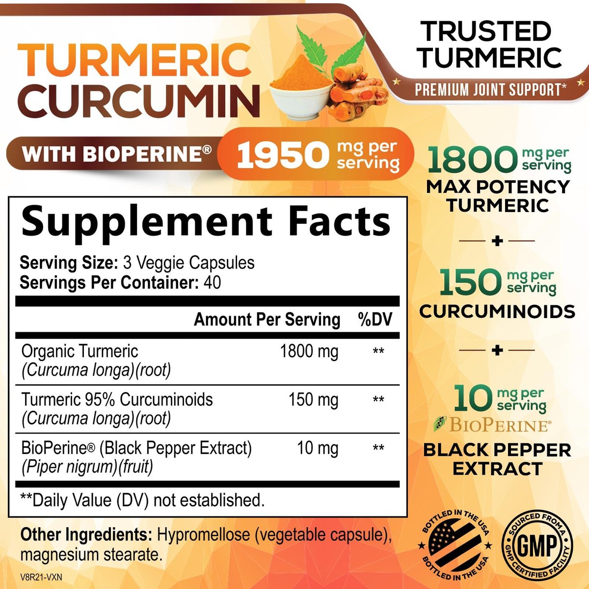 Turmeric Curcumin Komplex – 95% Curcuminoide mit Bio-Turmeric & BioPerine Schwarzer Pfeffer für beste Absorption – Tägliche Gelenk- & Immununterstützung, Vegan, Nicht-GVO, Abgefüllt in den USA – 120 Kapseln