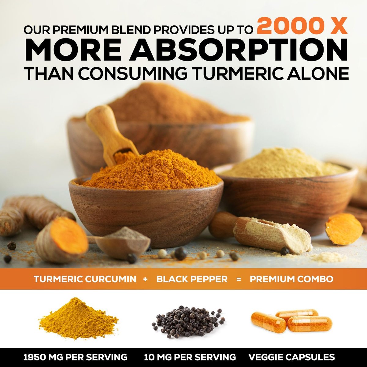 Turmeric Curcumin Komplex – 95% Curcuminoide mit Bio-Turmeric & BioPerine Schwarzer Pfeffer für beste Absorption – Tägliche Gelenk- & Immununterstützung, Vegan, Nicht-GVO, Abgefüllt in den USA – 120 Kapseln
