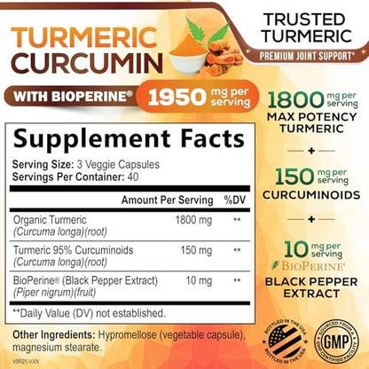 Turmeric Curcumin Komplex – 95% Curcuminoide mit Bio-Turmeric & BioPerine Schwarzer Pfeffer für beste Absorption – Tägliche Gelenk- & Immununterstützung, Vegan, Nicht-GVO, Abgefüllt in den USA – 120 Kapseln