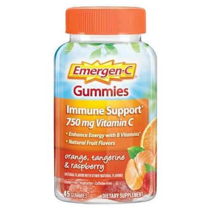 Emergen-C 750 mg Vitamin C Gummis für Erwachsene – Immun-Gummis mit B-Vitaminen, glutenfrei, Geschmacksrichtungen Orange, Mandarine und Himbeere – 45 Stück