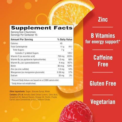 Emergen-C 750 mg Vitamin C Gummis für Erwachsene – Immun-Gummis mit B-Vitaminen, glutenfrei, Geschmacksrichtungen Orange, Mandarine und Himbeere – 45 Stück